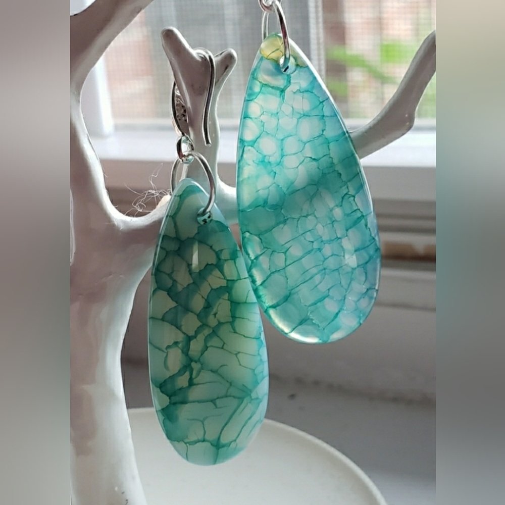Earrings, dragon vein gemstone teardrop pendants, new, handmade.